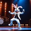 © Yekatseryna - Bunny singer on stage. Rabbit artist make music performance on stage colorful dust background.