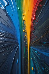Poster - The image displays a close-up view of a painting with a colorful abstract design. The colors of the rainbow are represented in the form of splashes and streaks on the canvas. 