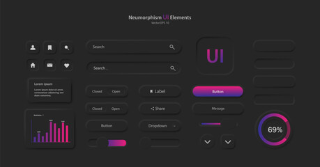 Fototapete - A set of user interface elements for a mobile application. A collection of icons for user interface development in black and pink-purple. Buttons for mobile devices in the style of neumorphism, UI, UX