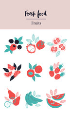 Wall Mural - Fruits and berries collection. Flat Vector. Healthy