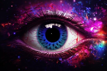 Wall Mural - Macro beauty A captivating illustration capturing the essence of a woman's eye in a cosmic display, where the intricacies of iris and eyelashes create a mesmerizing blend of color and design