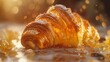 Hyper detailed shot of an AI crafted French croissant with shimmering butter layers visible in augmented reality