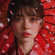 Japanese school girl hold the red umbella sakura petals are falling portrait realistic and very in detailed