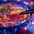Ultra high definition close up of futuristic ramen glowing noodles in neon broth with cybernetic chopsticks Perfect for a tech themed menu