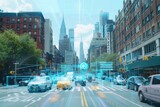 Fototapeta  - Futuristic vision of autonomous cars and smart city traffic management in Manhattan