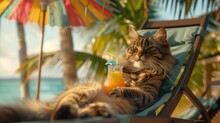 A Content Cat Sits On A Beach Chair With A Tropical Drink Beside It, Evoking Feelings Of Relaxation And Vacation Vibes.