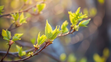 Canvas Print - closeup of young leaves on a tree with a bokeh background.