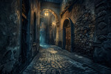 Fototapeta Fototapeta uliczki - Dark and mysterious Gothic alleyway, with narrow cobblestone streets and looming shadows.