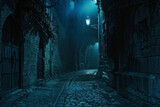 Fototapeta Fototapeta uliczki - Dark and mysterious Gothic alleyway, with narrow cobblestone streets and looming shadows.