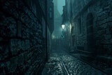 Fototapeta Uliczki - Dark and mysterious Gothic alleyway, with narrow cobblestone streets and looming shadows.