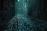 Fototapeta Uliczki - Dark and mysterious Gothic alleyway, with narrow cobblestone streets and looming shadows.
