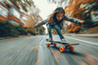 girl riding skateboard down neighborhood sidewalk