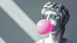 © AngrySun - Antique-like male white statue head wears sunglasses and blows pink bubble gum. Contemporary art. Generative AI