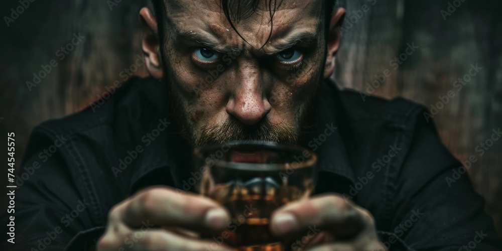 Troubled man struggling with alcohol addiction, his face full of ...