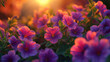 Petunia garden bathed in the warm hues of the sunset. 