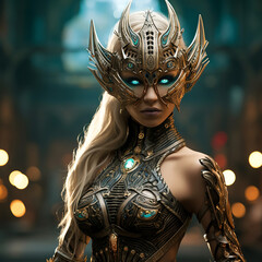 A character in ornate armor, standing against a mystical, illuminated background