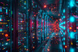 dynamic view inside a data center with rows of servers and glowing connections visualizing the concept of cloud storage and computing power with a futuristic aesthetic