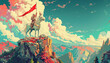 vibrant illustration of a centaur warrior in battle armor standing atop a hill flag waving with a stylized fantasy landscape stretching out below evoking tales of heroism and adventure