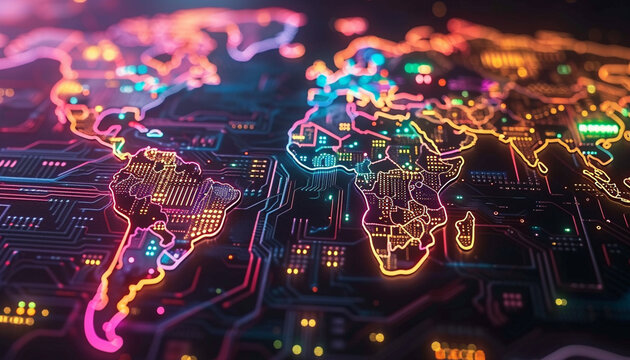 stylized illustration of the world map made up of digital circuits and glowing neon lines representi