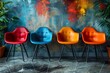 Row of trendy chairs in a row on grey wall background, interior trend design concept