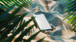 Isolated smartphone device underwater buried in sand in tropical paradise beach with blank empty white screen, travel vacation communication technology concept