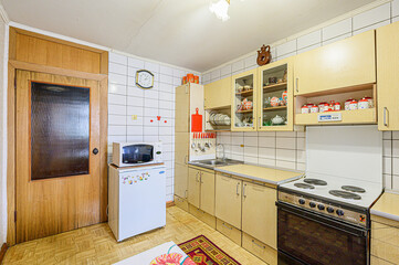 interior kitchen and dining room, refectory area, cooking equipment, table furniture, stove