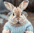 a timid bunny wearing a soft pastel sweater, nervously adjusting their glasses befor the camera, their floppy ears slightly drooping with shyness