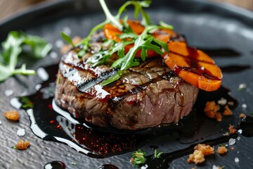 Gourmet steak dish beautifully presented on a dark plate with sauce and garnish.