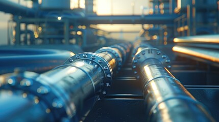 Industrial Pipes in a Refinery at Sunset with Glowing Lights