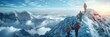 © Simon - A group of mountain climbers at the mountain top overlooking a scenic landscape.