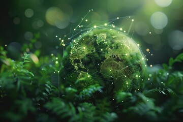 Wall Mural - environment concept. a green globe with connected dots.