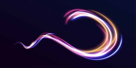 Poster - Vector neon lines swirl effect in the form of a road. Expressway, car headlight effect. Speed connection vector background.	