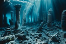 Dramatic Underwater Scene With Ruins And Floating Debris.