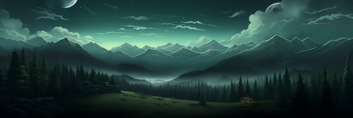 Wall Mural - Mountain Landscape Panorama Concept Drawing Background image HD Print 15232x5120 pixels. Neo Game Art V8 17