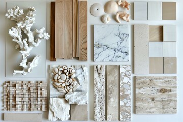 interior design material sample moodboard with luxury surfaces like marble and wood