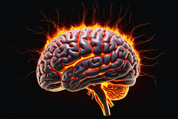 Poster - Illustration of a front view of brain on fire, disease concept like Parkinson, Alzheimer, dementia or multiple sclerosis