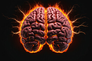 Poster - Illustration of a front view of brain on fire, disease concept like Parkinson, Alzheimer, dementia or multiple sclerosis