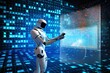 © soleg - android robot works with computer and data against background of abstract digital space with holographic elements and lights, cyber future