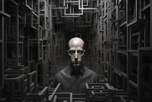 Portrait Of Prisoner Man Inside Abstract Metal Structures