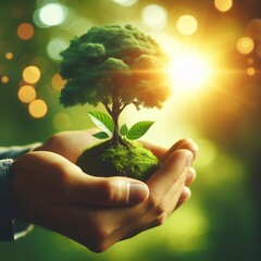 Wall Mural -  hand-holding tree on a blur green nature background. concept eco earth day generative ai