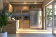 Scandinavian kitchen interior with modern refrigerator