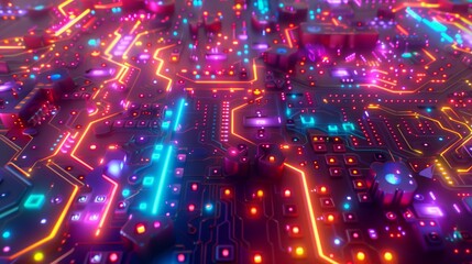 Poster - Circuit board background featuring vivid circuits and lights. Aerochrome. Turquoise & orange themes, reminiscent of Internet academia & architectural illustrations. 