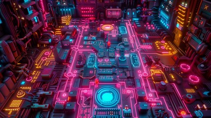 Poster - Circuit board background featuring colorful circuits, lights in the style of Unreal Engine 5, Kodak Aerochrome, Internet academia, and architectural illustration, in turquoise and orange. 
