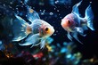 Two fish with neon blue eyes swimming parallel in a crystal-clear aquarium