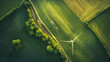 An overhead shot of a modern wind farm with the turbines standing tall among the fields symbolizing renewable energy and sustainability.