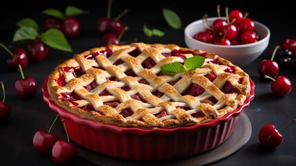 Wall Mural - Delicious fresh cherry pie on blurred white kitchen background with copy space for text