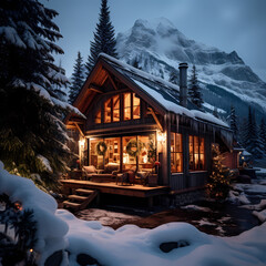 Poster - A cozy cabin in the snowy mountains. 