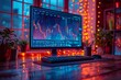 Stock market graph on background with desk and personal computer. Double exposure.