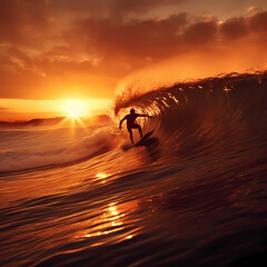 Canvas Print - A surfer catching a wave at sunset.