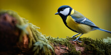Blue Tit Search Feed On The Forest Floor,Great Tit On A Branch, A Great Tit Bird Perched On A Tree, Beakbill, Generative AI
